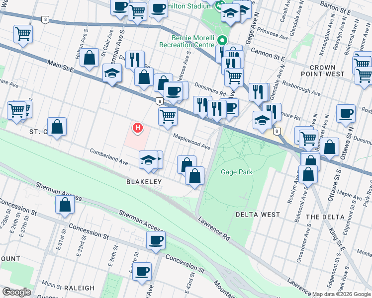 map of restaurants, bars, coffee shops, grocery stores, and more near 178 Balsam Avenue South in Hamilton