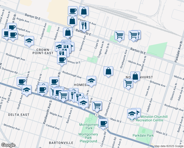 map of restaurants, bars, coffee shops, grocery stores, and more near 153 Tragina Avenue North in Hamilton