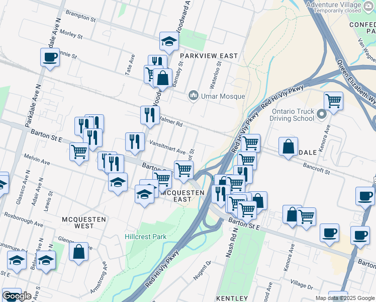 map of restaurants, bars, coffee shops, grocery stores, and more near 337 Vansitmart Avenue in Hamilton