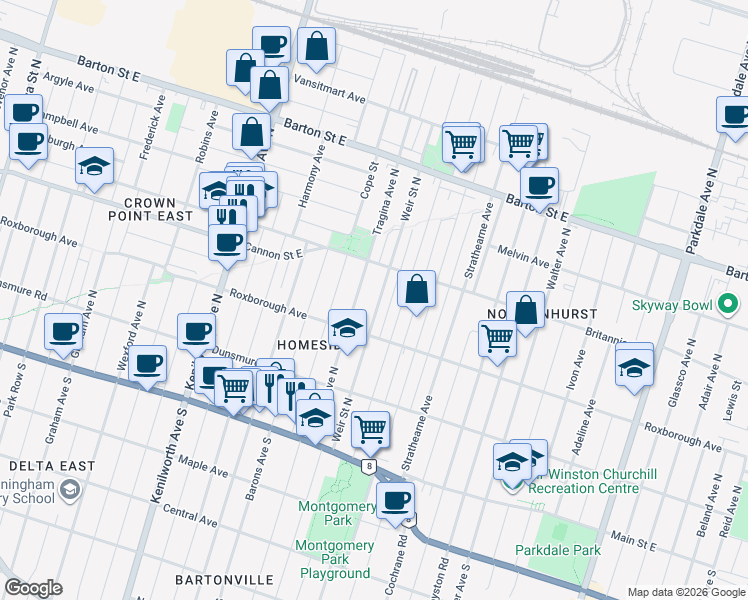 map of restaurants, bars, coffee shops, grocery stores, and more near 161 Weir Street North in Hamilton