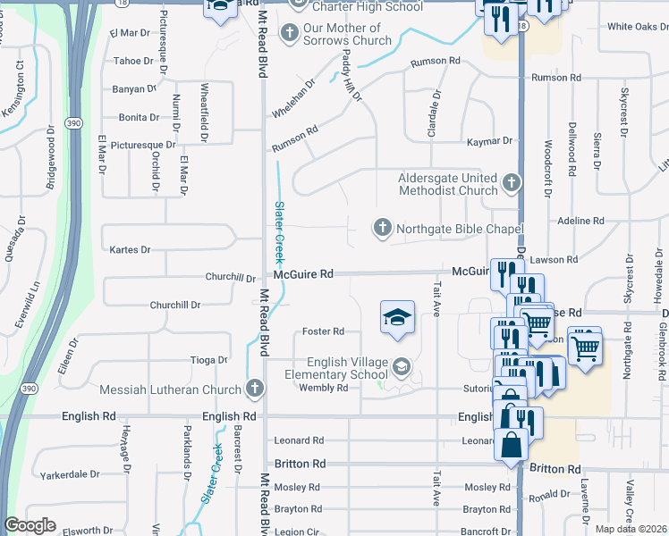 map of restaurants, bars, coffee shops, grocery stores, and more near 320 McGuire Road in Rochester