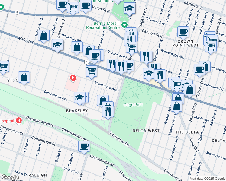 map of restaurants, bars, coffee shops, grocery stores, and more near 220 Maplewood Avenue in Hamilton