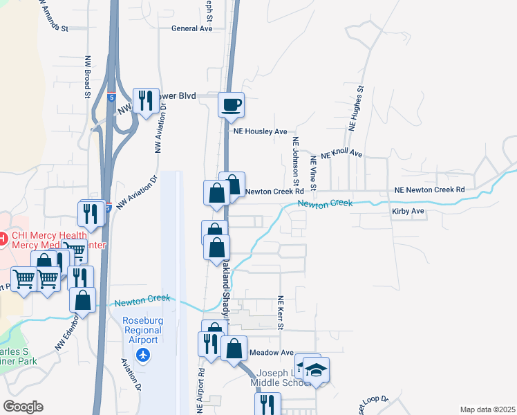 map of restaurants, bars, coffee shops, grocery stores, and more near 469 Northeast Sterling Drive in Roseburg