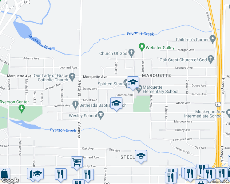map of restaurants, bars, coffee shops, grocery stores, and more near 1018 James Avenue in Muskegon