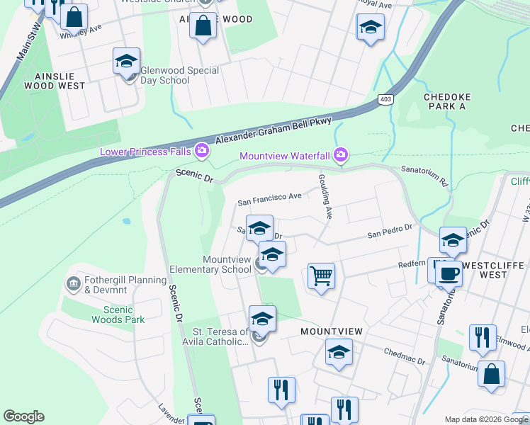 map of restaurants, bars, coffee shops, grocery stores, and more near 76 San Fernando Drive in Hamilton