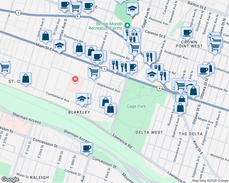 map of restaurants, bars, coffee shops, grocery stores, and more near 216 Maplewood Avenue in Hamilton