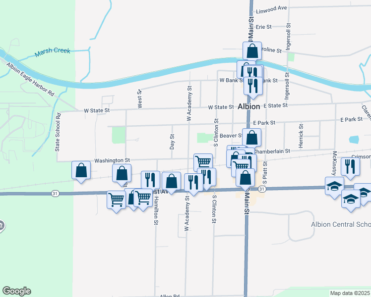 map of restaurants, bars, coffee shops, grocery stores, and more near 128 West Academy Street in Albion