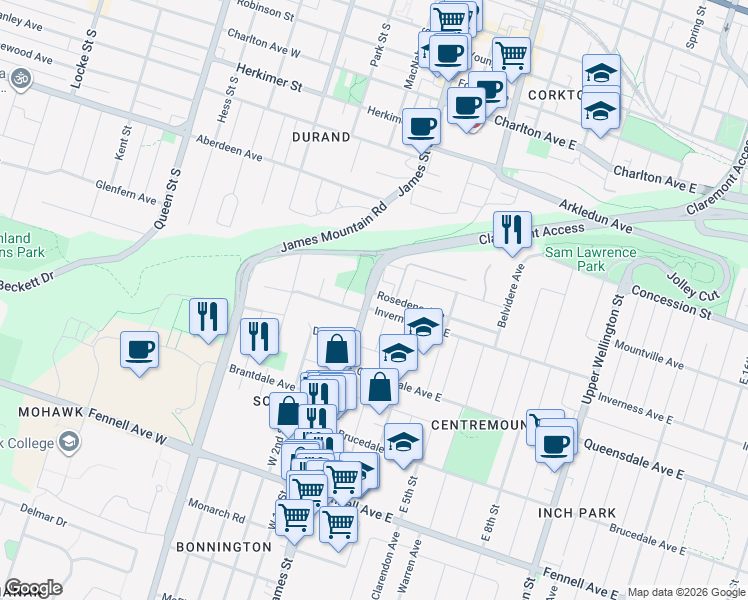 map of restaurants, bars, coffee shops, grocery stores, and more near 4 Rosedene Avenue in Hamilton