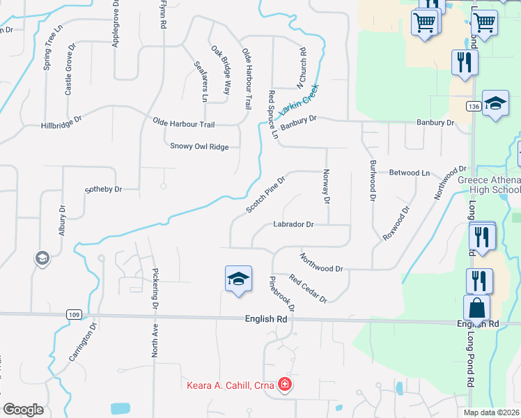 map of restaurants, bars, coffee shops, grocery stores, and more near 11 Black Spruce Court in Rochester