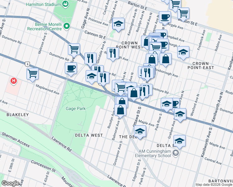 map of restaurants, bars, coffee shops, grocery stores, and more near 1117 Main Street East in Hamilton
