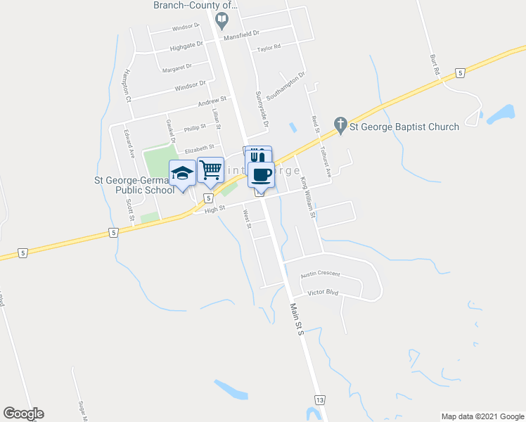 map of restaurants, bars, coffee shops, grocery stores, and more near 41 Main Street South in Brant