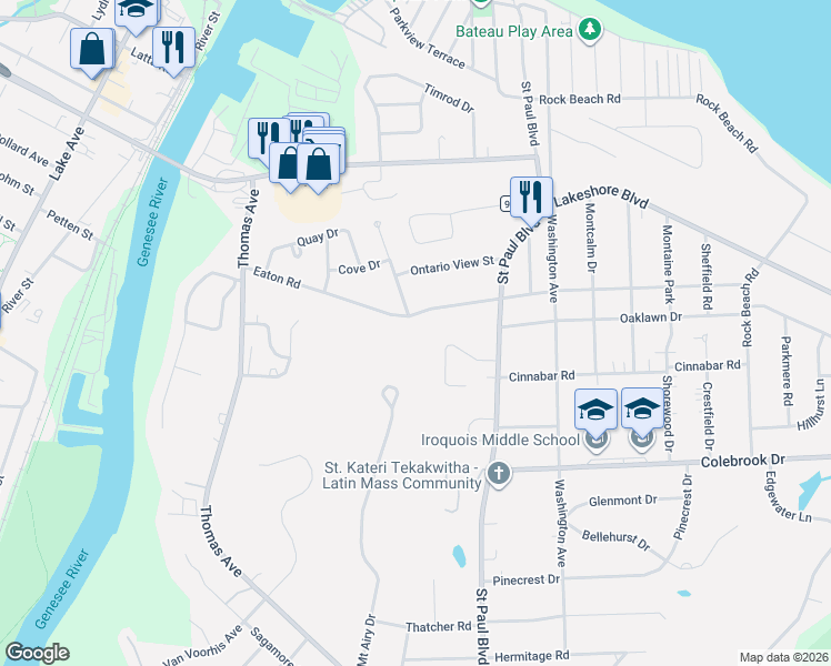 map of restaurants, bars, coffee shops, grocery stores, and more near 299 Eaton Road in Rochester