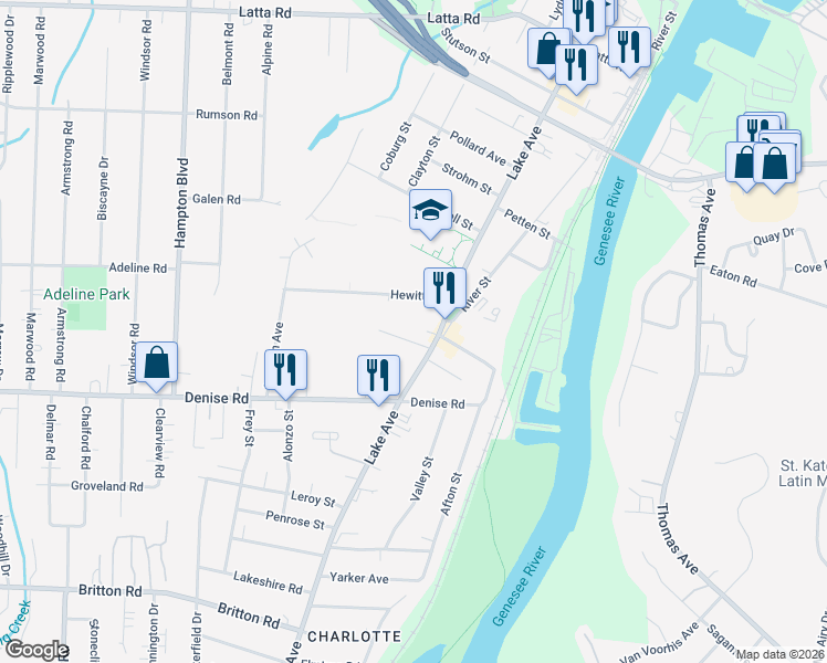 map of restaurants, bars, coffee shops, grocery stores, and more near 38 Hannahs Terrace in Rochester