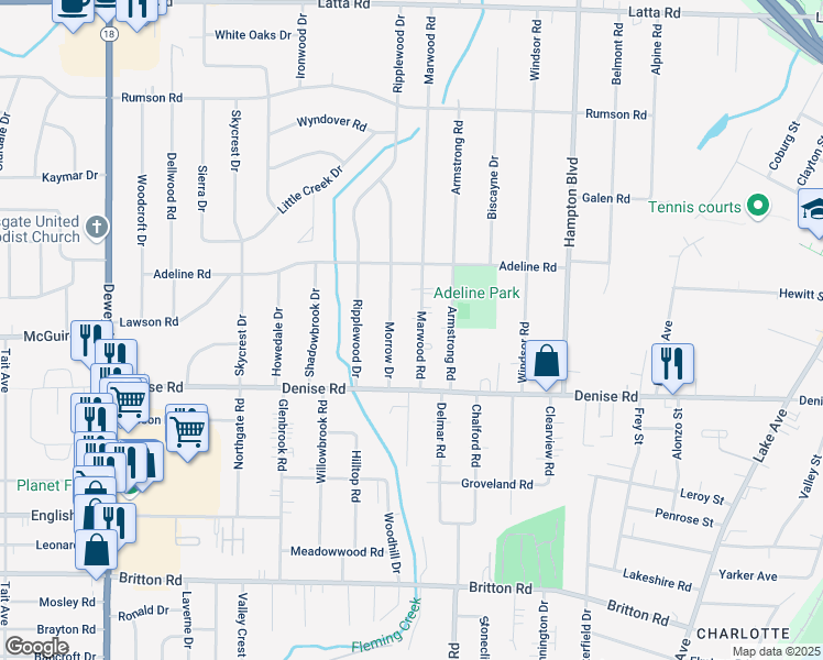map of restaurants, bars, coffee shops, grocery stores, and more near 80 Morrow Drive in Rochester