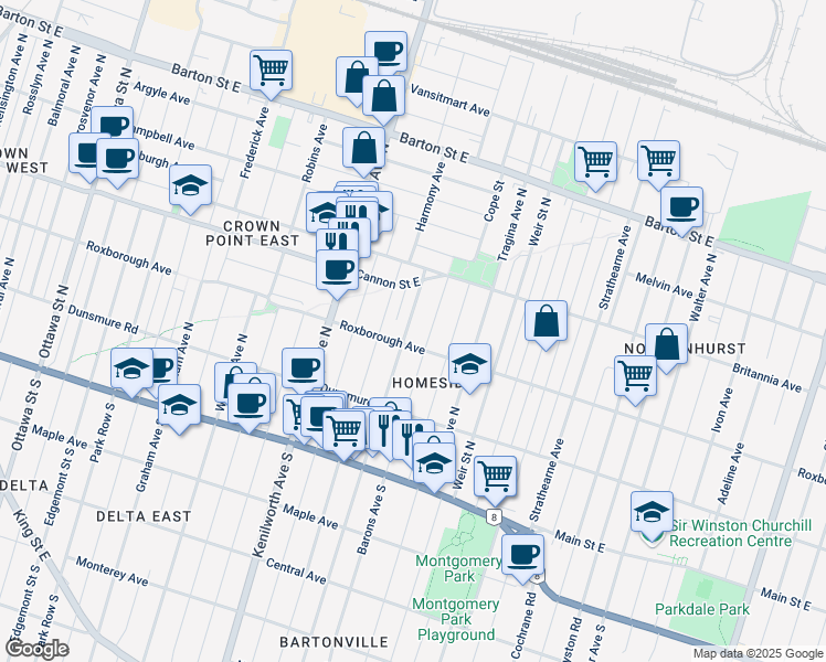 map of restaurants, bars, coffee shops, grocery stores, and more near in Hamilton
