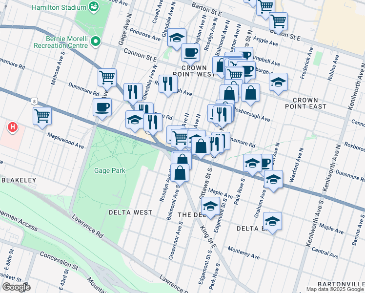 map of restaurants, bars, coffee shops, grocery stores, and more near 1125 Main Street East in Hamilton