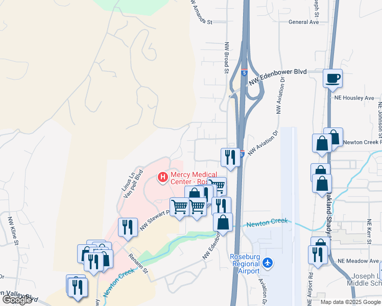 map of restaurants, bars, coffee shops, grocery stores, and more near 829 Northwest Plateau Drive in Roseburg