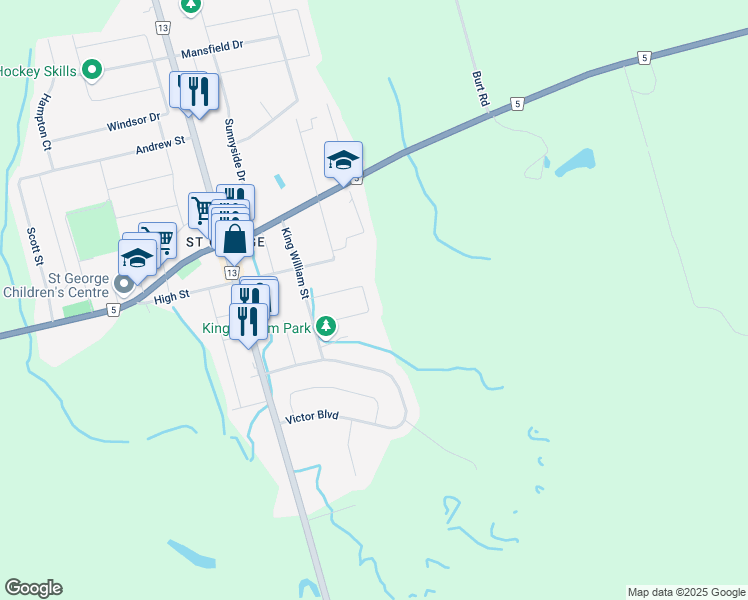 map of restaurants, bars, coffee shops, grocery stores, and more near 23 Russell Crescent in Saint George