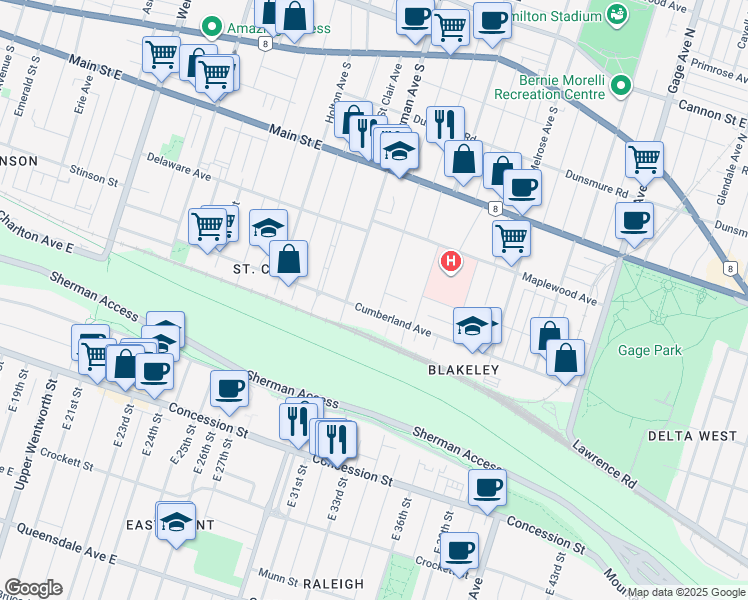 map of restaurants, bars, coffee shops, grocery stores, and more near 130 Blake Street in Hamilton