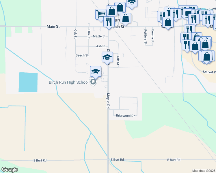 map of restaurants, bars, coffee shops, grocery stores, and more near 12440 Church Street in Birch Run