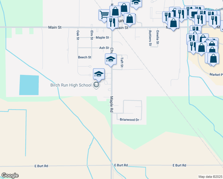 map of restaurants, bars, coffee shops, grocery stores, and more near 12440 Church Street in Birch Run
