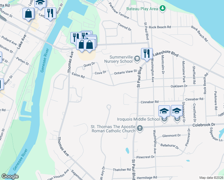 map of restaurants, bars, coffee shops, grocery stores, and more near 299 Eaton Road in Rochester