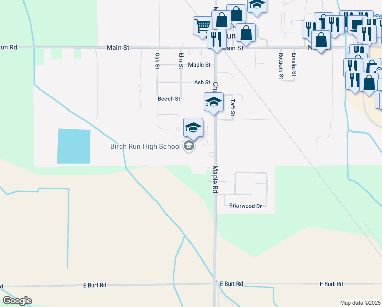 map of restaurants, bars, coffee shops, grocery stores, and more near 12450 Church Street in Birch Run