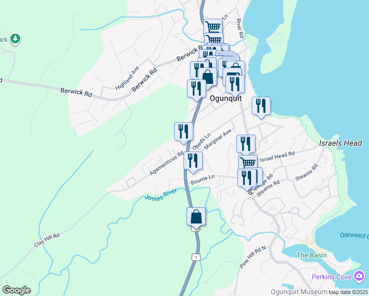 map of restaurants, bars, coffee shops, grocery stores, and more near 87 Main Street in Ogunquit