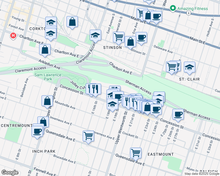 map of restaurants, bars, coffee shops, grocery stores, and more near 63 Mountain Park Avenue in Hamilton