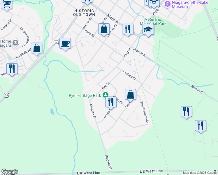 map of restaurants, bars, coffee shops, grocery stores, and more near 48 Flynn Street in Niagara-on-the-Lake