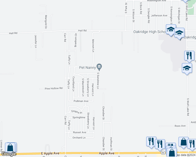 map of restaurants, bars, coffee shops, grocery stores, and more near 570 South Sunshine Lane in Muskegon