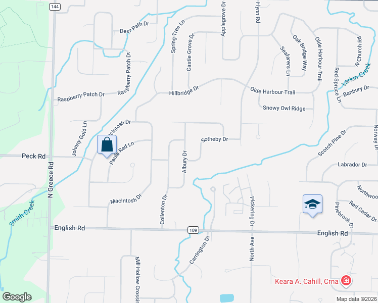 map of restaurants, bars, coffee shops, grocery stores, and more near 20 Sotheby Drive in Rochester