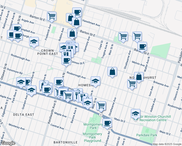map of restaurants, bars, coffee shops, grocery stores, and more near in Hamilton