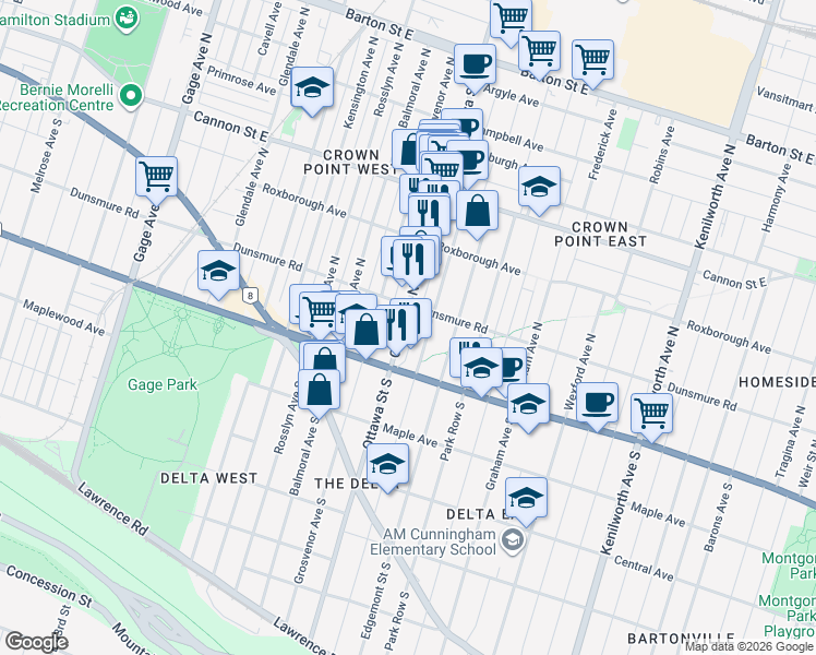 map of restaurants, bars, coffee shops, grocery stores, and more near 42 Ottawa Street North in Hamilton