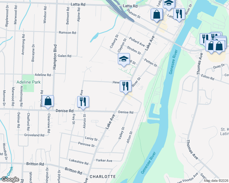 map of restaurants, bars, coffee shops, grocery stores, and more near 38 Hannahs Terrace in Rochester