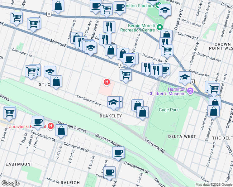 map of restaurants, bars, coffee shops, grocery stores, and more near 34 Gilmour Place in Hamilton