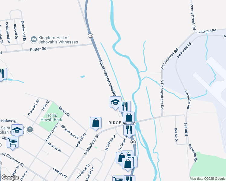 map of restaurants, bars, coffee shops, grocery stores, and more near 7871 Rome-Westernville Road in Rome