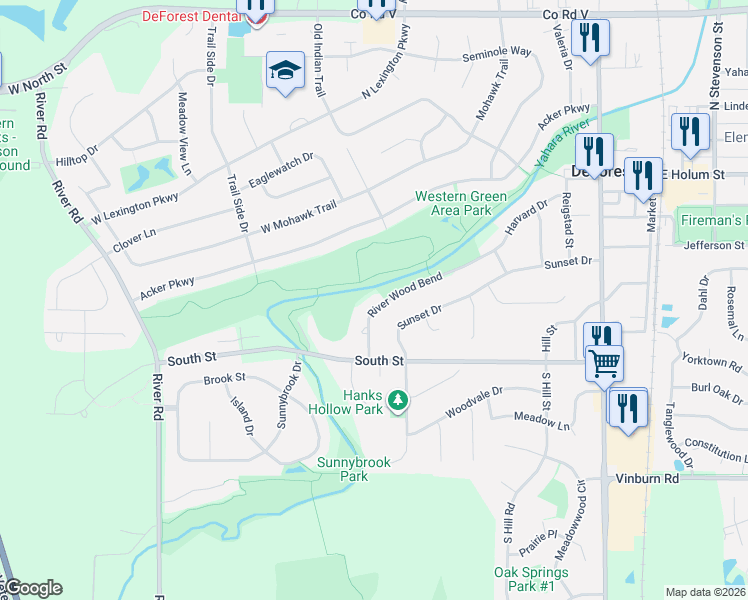 map of restaurants, bars, coffee shops, grocery stores, and more near 312 River Wood Bend in DeForest