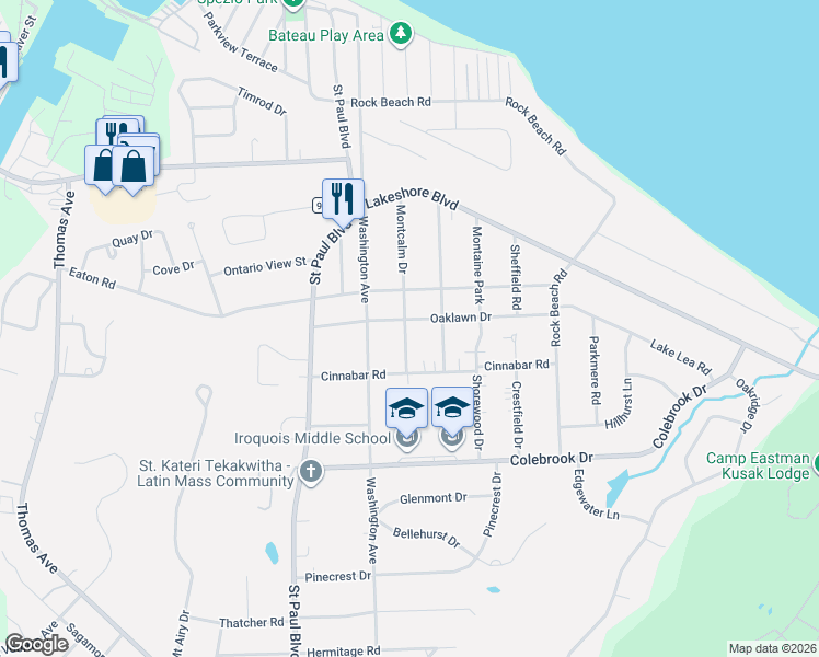 map of restaurants, bars, coffee shops, grocery stores, and more near 131 Oaklawn Drive in Irondequoit