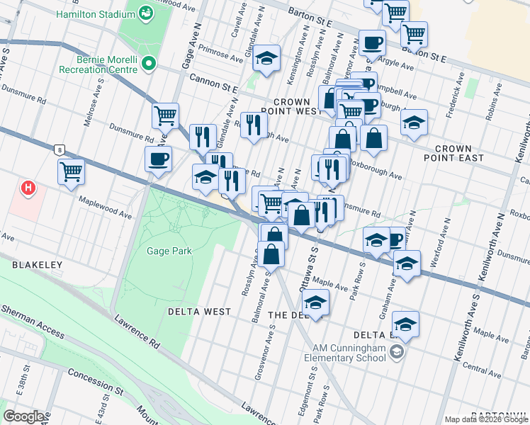 map of restaurants, bars, coffee shops, grocery stores, and more near 19 Rosslyn Avenue North in Hamilton