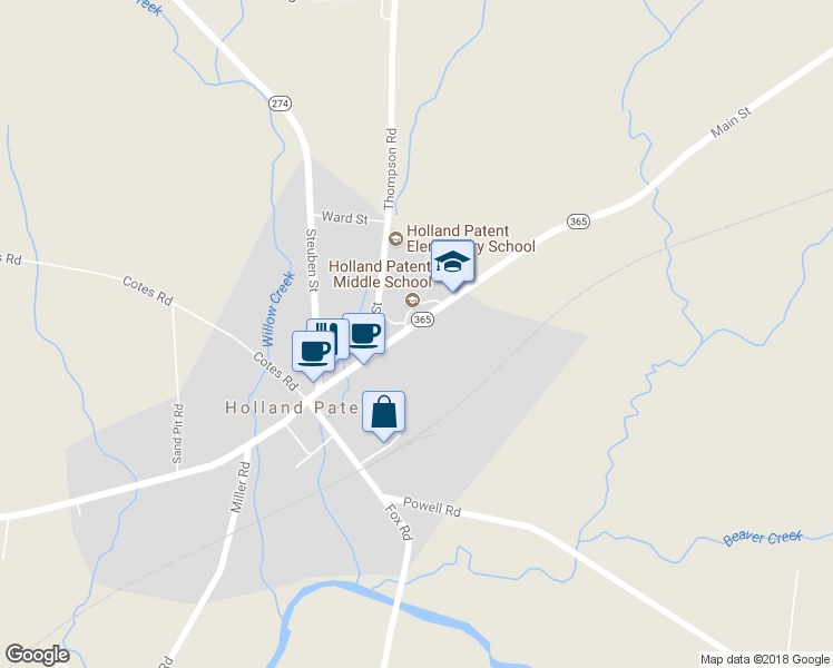 map of restaurants, bars, coffee shops, grocery stores, and more near 9592 Main Street in Holland Patent