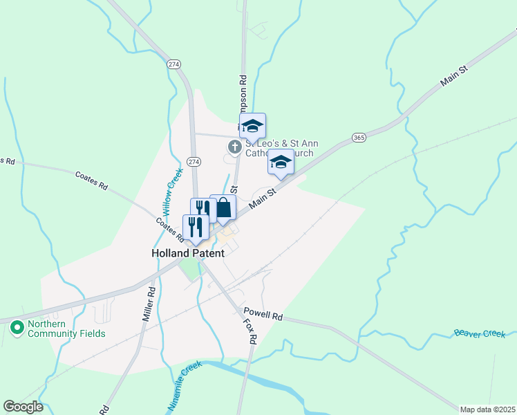 map of restaurants, bars, coffee shops, grocery stores, and more near 9592 Main Street in Holland Patent
