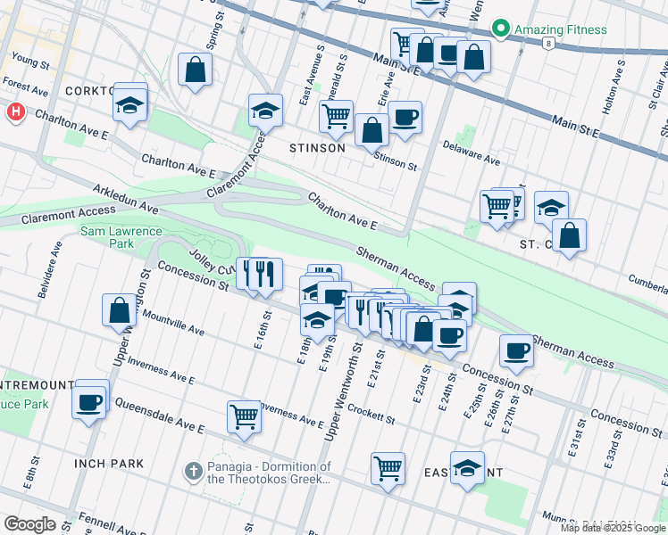 map of restaurants, bars, coffee shops, grocery stores, and more near 91 Mountain Park Avenue in Hamilton