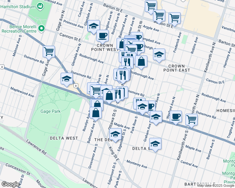 map of restaurants, bars, coffee shops, grocery stores, and more near 43 Ottawa Street North in Hamilton