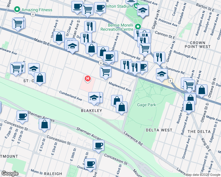 map of restaurants, bars, coffee shops, grocery stores, and more near 219 Prospect Street South in Hamilton