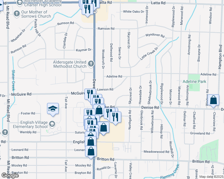 map of restaurants, bars, coffee shops, grocery stores, and more near Lawson Road & Dellwood Road in Rochester