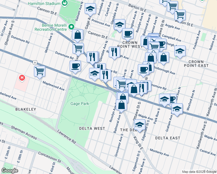 map of restaurants, bars, coffee shops, grocery stores, and more near Main St E & King St E in Hamilton
