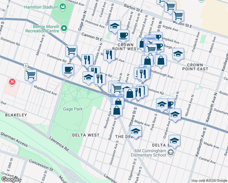 map of restaurants, bars, coffee shops, grocery stores, and more near 21 Rosslyn Avenue North in Hamilton