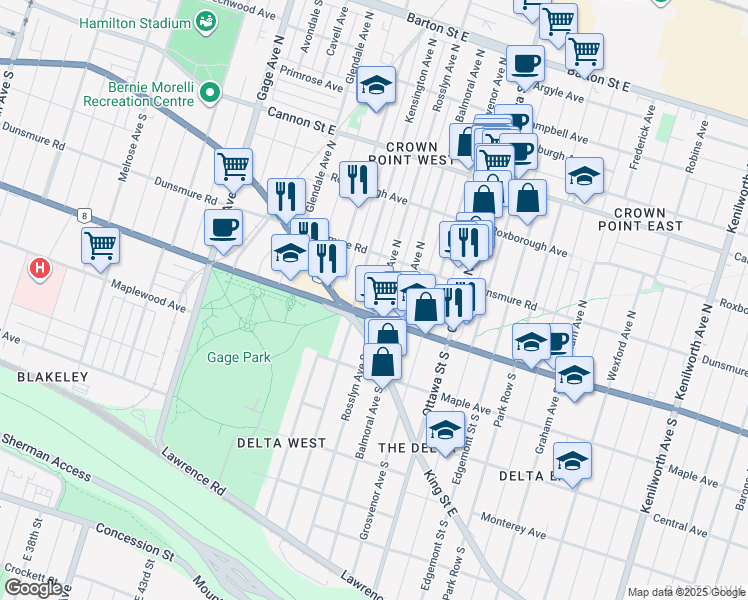 map of restaurants, bars, coffee shops, grocery stores, and more near 21 Rosslyn Avenue North in Hamilton