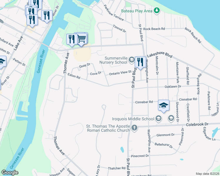map of restaurants, bars, coffee shops, grocery stores, and more near 299 Eaton Road in Rochester